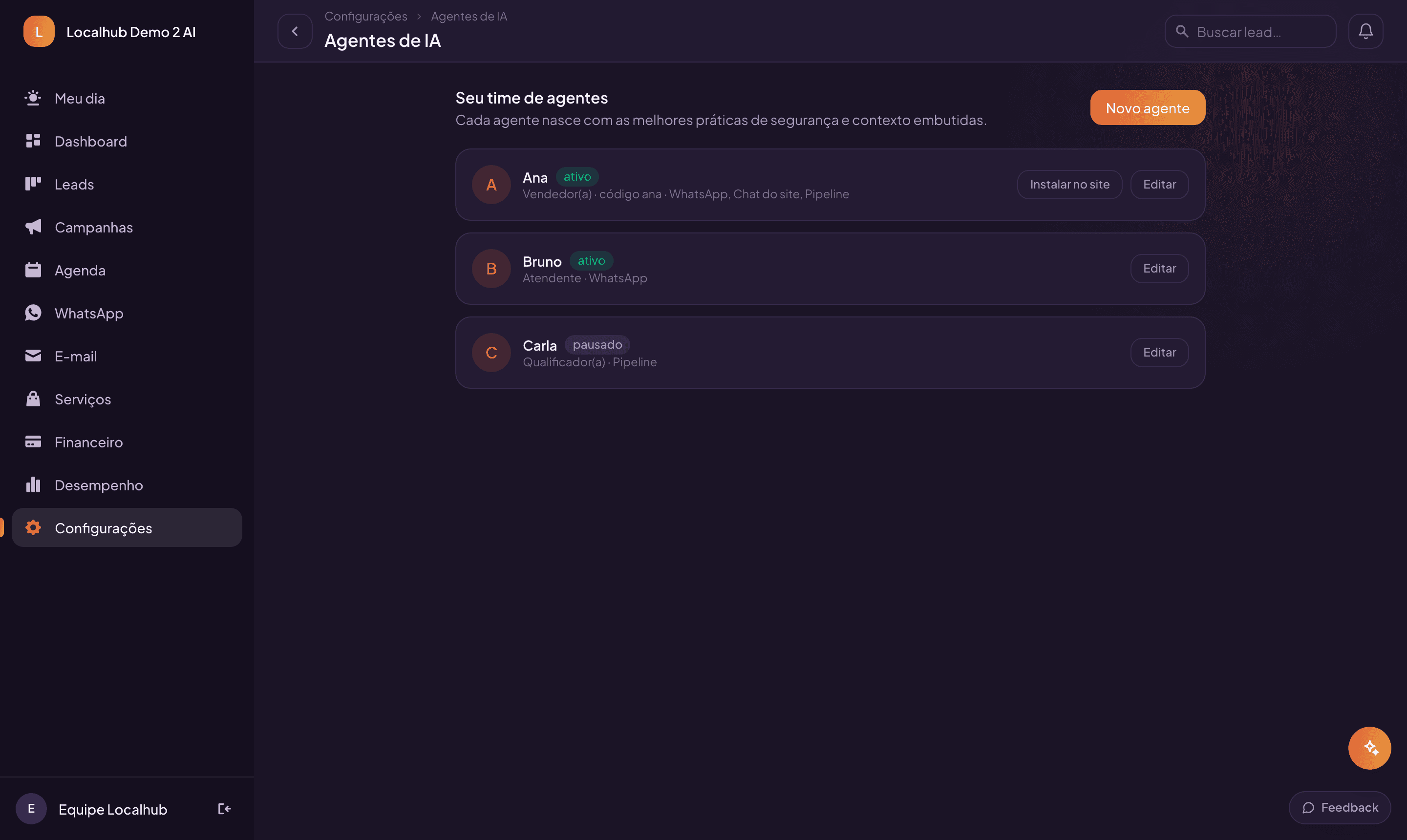 Localhub CRM AI Agents screen: a team of agents with roles, channels and status, plus an install-on-site button