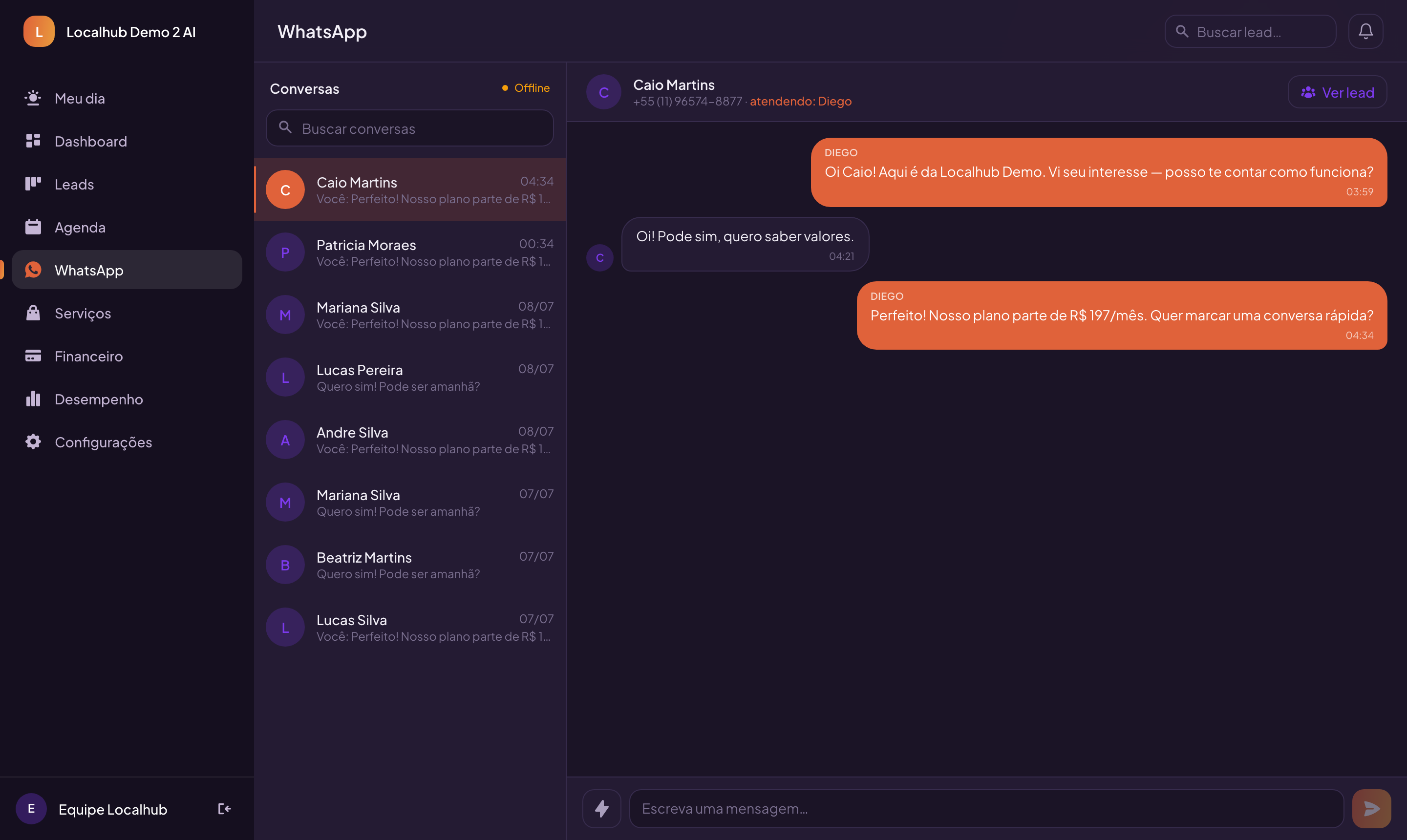 Conversa de WhatsApp respondida pelo agente dentro da plataforma